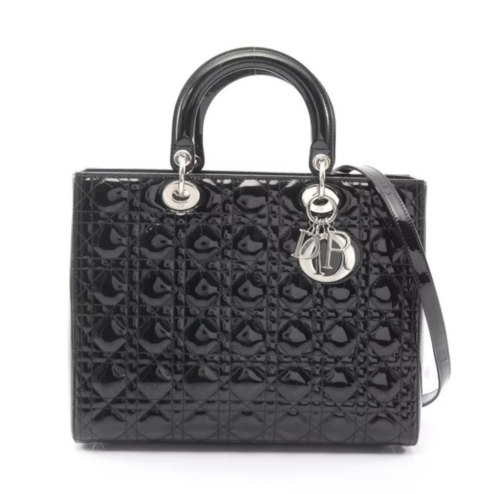 Dior Lady Cannage Handbag Patent Vernis Leather Black